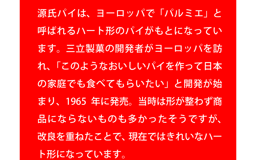 源氏パイは、ヨーロッパで「パルミエ」と呼ばれるハート形のパイがもとになっています。三立製菓の開発者がヨーロッパを訪れ、「このようなおいしいパイを作って日本の家庭でも食べてもらいたい」と開発が始まり、1965年に発売。当時は形が整わず商品にならないものも多かったそうですが、改良を重ねたことで、現在ではきれいなハート形になっています。