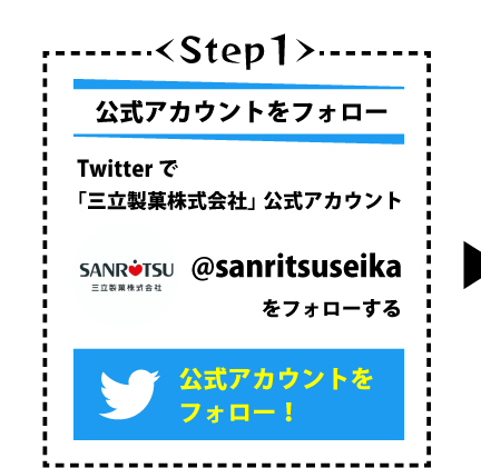 ＜Step1＞公式アカウントをフォロー　Twitterで「三立製菓株式会社」公式アカウント「@sanritsuseika」をフォローする［公式アカウントをフォロー！］