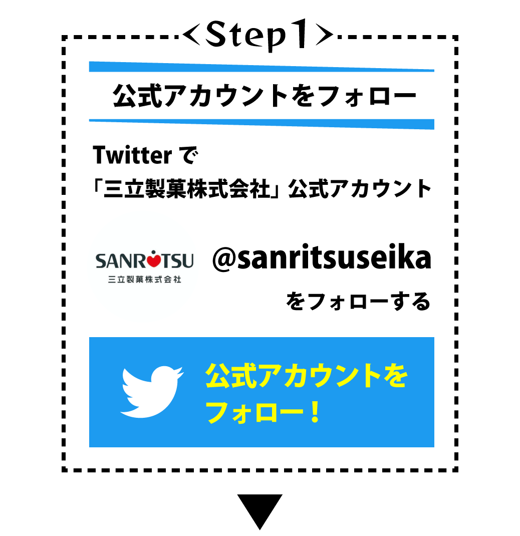 ＜Step1＞公式アカウントをフォロー　Twitterで「三立製菓株式会社」公式アカウント「@sanritsuseika」をフォローする［公式アカウントをフォロー！］